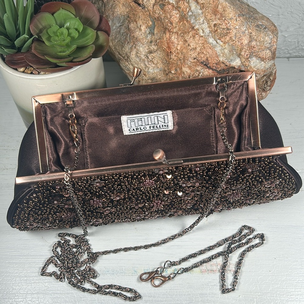 Carlo Fellini Beaded Kiss Lock Crossbody Clutch Wristlet 2 Chains Brown Copper - Picture 2 of 15